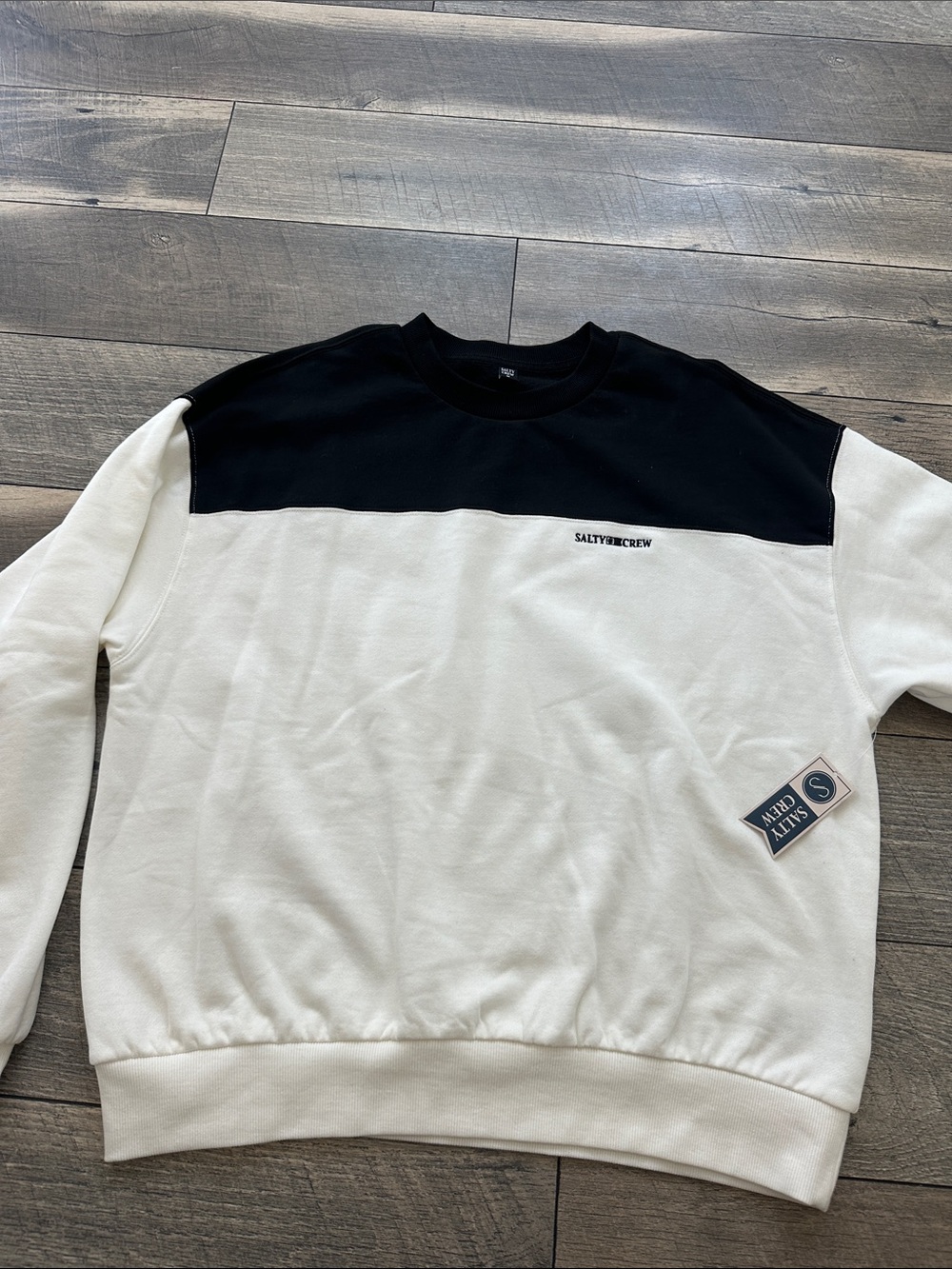 Salty Crew Women’s Black and Cream Colorblock Crewneck Sweatshirt